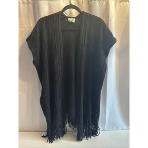 Caren Sport Knit Cardigan Sweater One Size W/Fringe Acrylic Handwash Boho Black